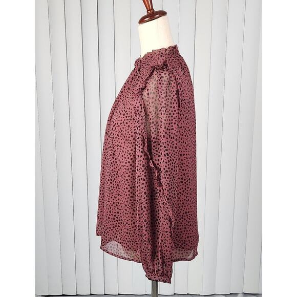 Loft Animal Print Ruffle Sleeve Blouse Front Keyhole Rose Black Size Small New - Picture 2 of 11